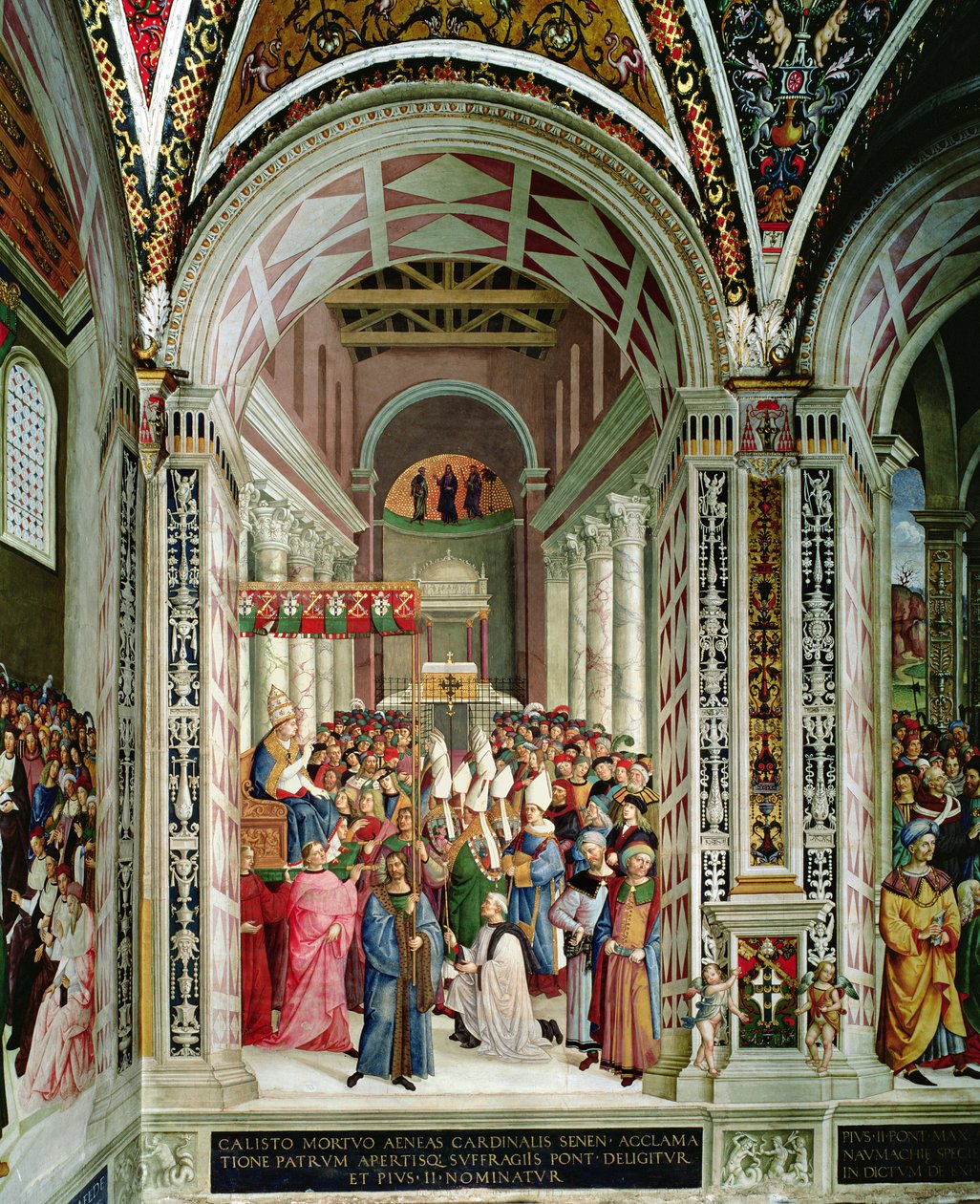 Aeneas Sylvius Piccolomini (1405-64), II. Pius nevű pápának választották, belép a Szent Péter-templomba, 1458. szeptember 3. alkotó: Bernardino di Betto Pinturicchio