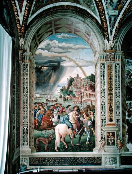 Aeneas Sylvius Piccolomini (1405-64) Utazások a bázeli zsinathoz 1432 telén alkotó: Bernardino di Betto Pinturicchio