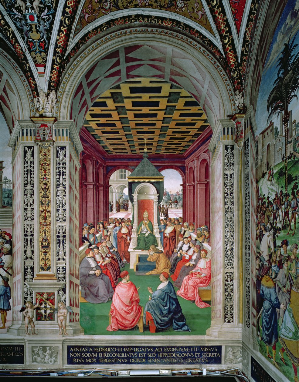 Aeneas Sylvius Piccolomini (1405-64) aláveti magát IV. Jenő pápának (1383-1447) február 7-én alkotó: Bernardino di Betto Pinturicchio