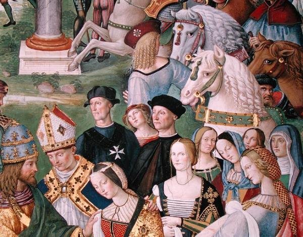 Aeneas Sylvius Piccolomini (1405-64) 1452. február 24-én bemutatja Aragóniai Eleonórát III. Frigyesnek (1415-93) (freskó) (részlet) alkotó: Bernardino di Betto Pinturicchio