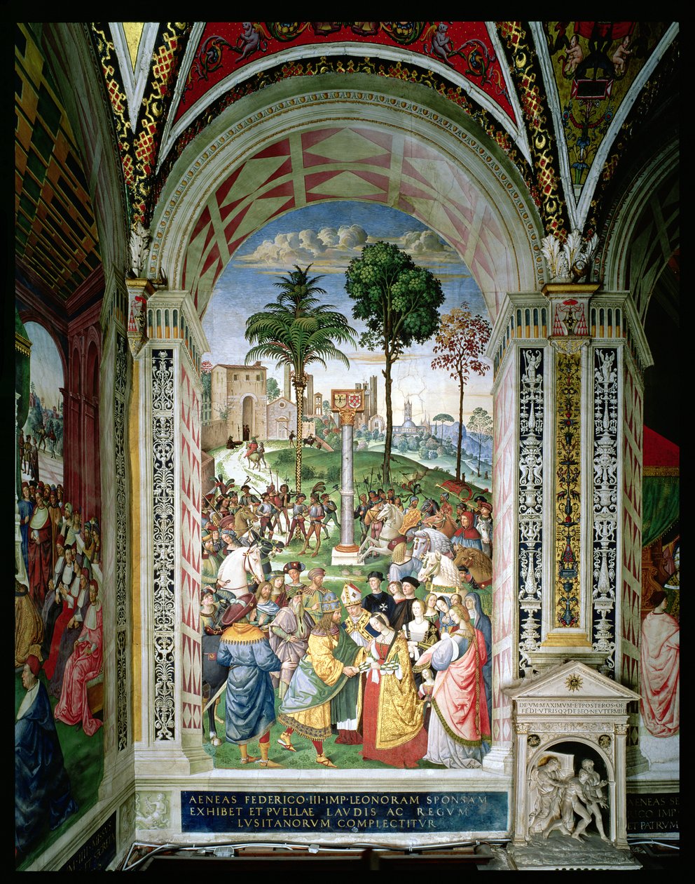 Aeneas Sylvius Piccolomini (1405-64) 1452. február 24-én bemutatja Aragóniai Eleonórát III. Frigyesnek (1415-93) (freskó) alkotó: Bernardino di Betto Pinturicchio