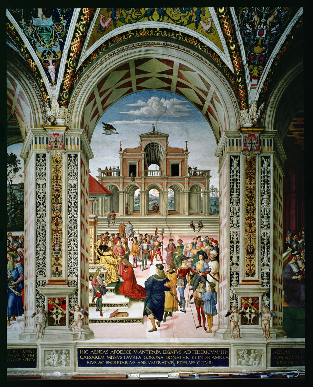 Aeneas Sylvius Piccolomini (1405-64) III. Frigyes (1415-93) költő koronás díjasa 1442-ben. alkotó: Bernardino di Betto Pinturicchio