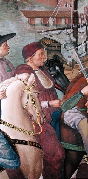 Domenico Capranica bíboros, részlet az "Aeneas Sylvius Piccolomini (1405-64) Utazások a bázeli zsinathoz 1432 telén" című könyvéből. alkotó: Bernardino di Betto Pinturicchio
