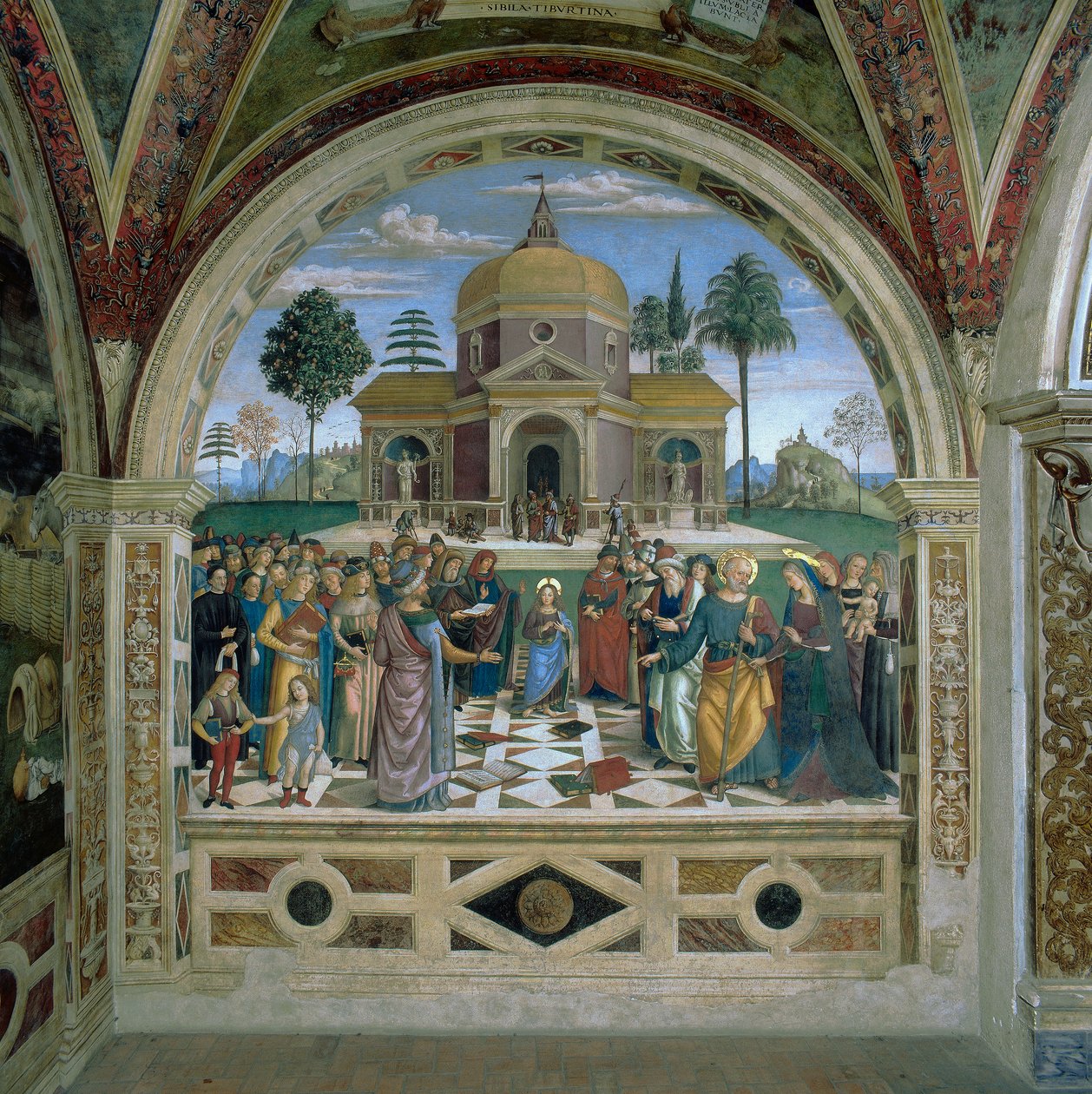 Beszélgetés a templomban (freskó) alkotó: Bernardino di Betto Pinturicchio