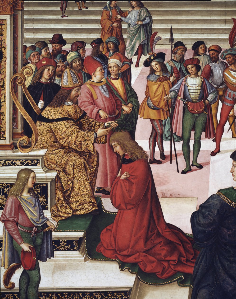 Enea Silvio Piccolomini (II. Piusz) III. Frigyes császár rövid költőjévé koronázta. Részlet - Freskó alkotó: Bernardino di Betto Pinturicchio