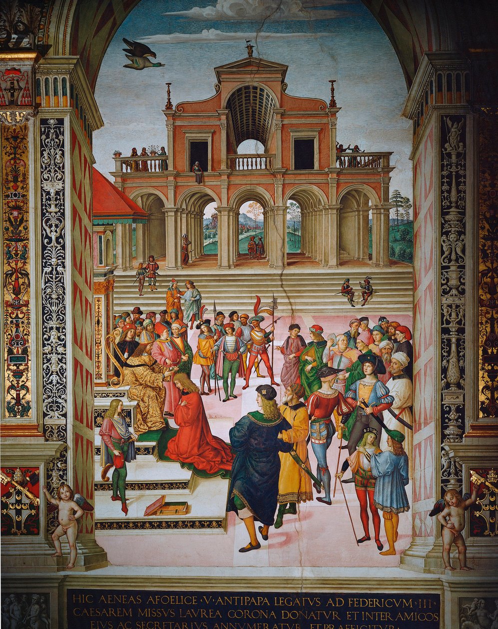 Enea Silvio költőt koronázta meg III. Frigyes császár, Siena, Dóm, Piccolomini Könyvtár alkotó: Bernardino di Betto Pinturicchio