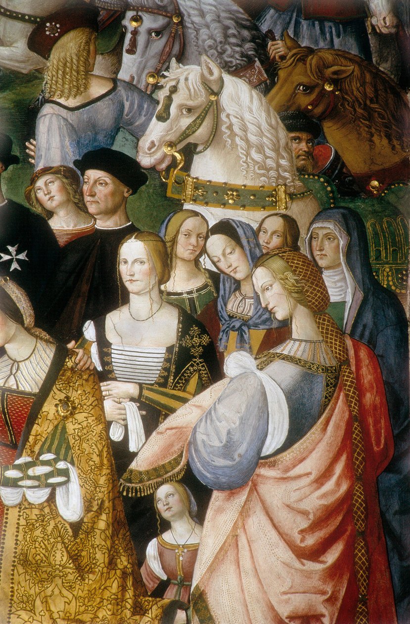 Enee Silvio Piccolomini bemutatja Portugáliát Eleonórát III. Frigyes Szent Birodalom császárának a sienai Camollia-kapunál”, részlet (freskó) alkotó: Bernardino di Betto Pinturicchio