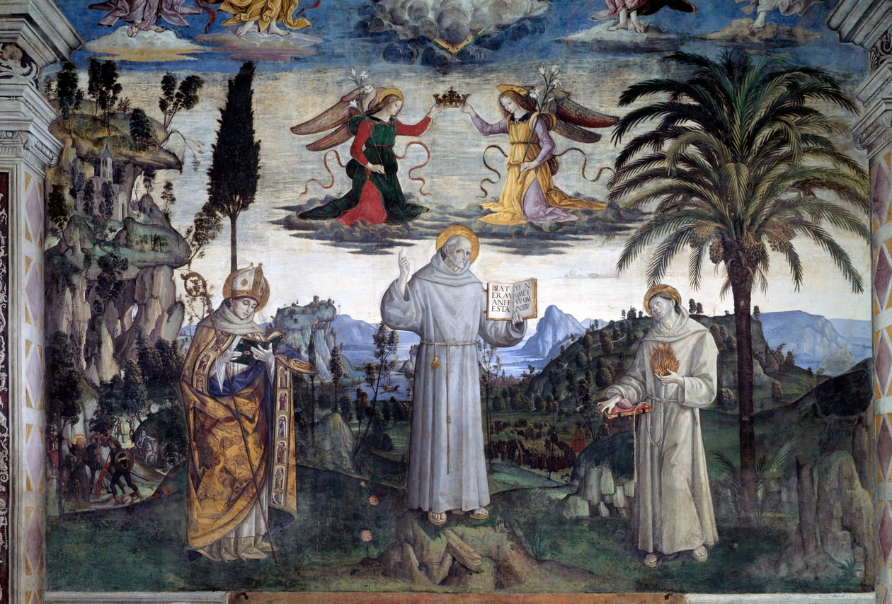 Sienai Bernardino dicsősége. Részlet a Szentről Anjou-i Szent Lajos és Páduai Szent Antal között (freskó, 1486 körül) alkotó: Bernardino di Betto Pinturicchio