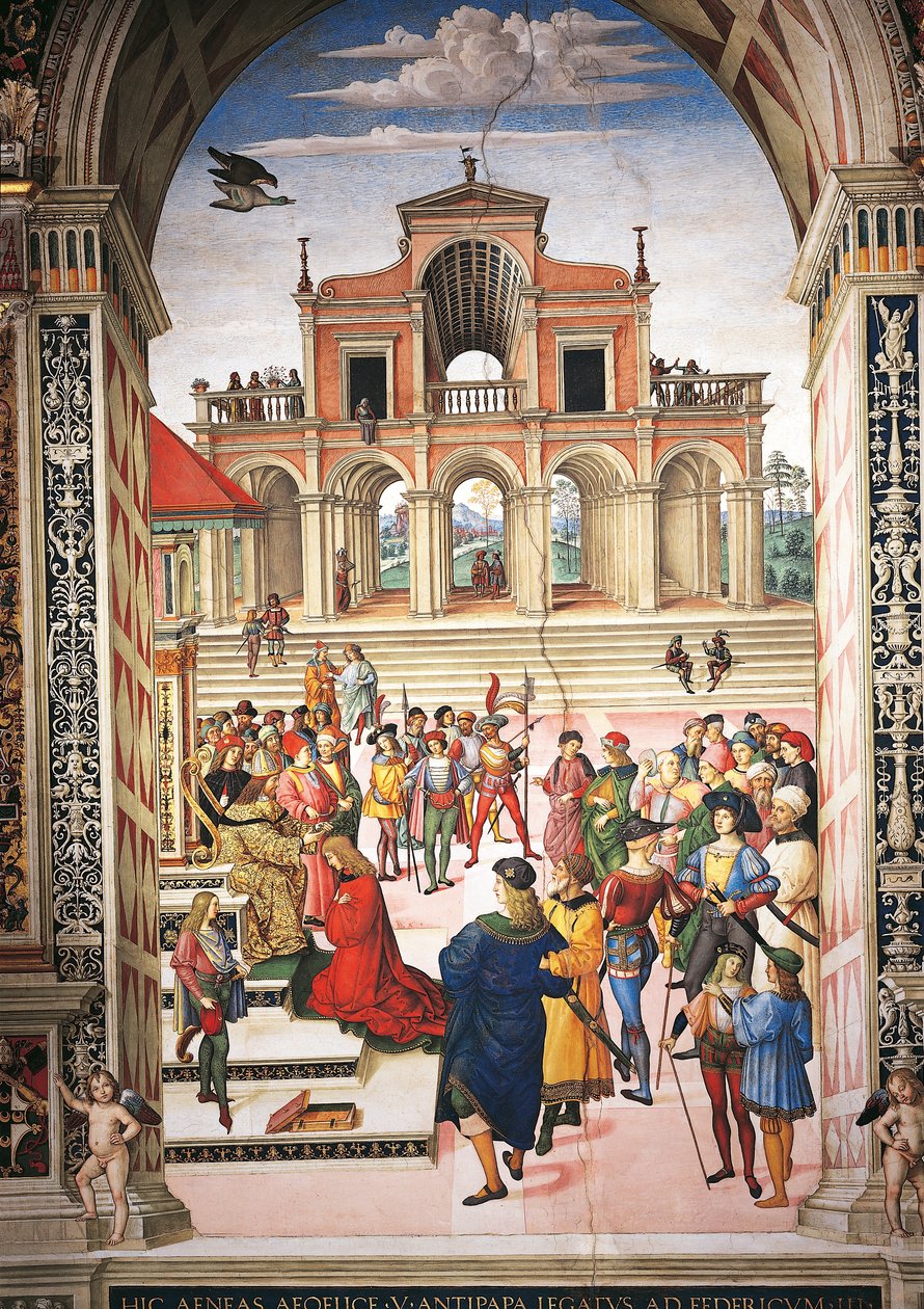 Olaszország, Siena, katedrális, Piccolomini-könyvtár, Enea Silvio Piccolominit III. Frigyes császár költő díjassá teszi, részlet a II. Pius történeteiből alkotó: Bernardino di Betto Pinturicchio