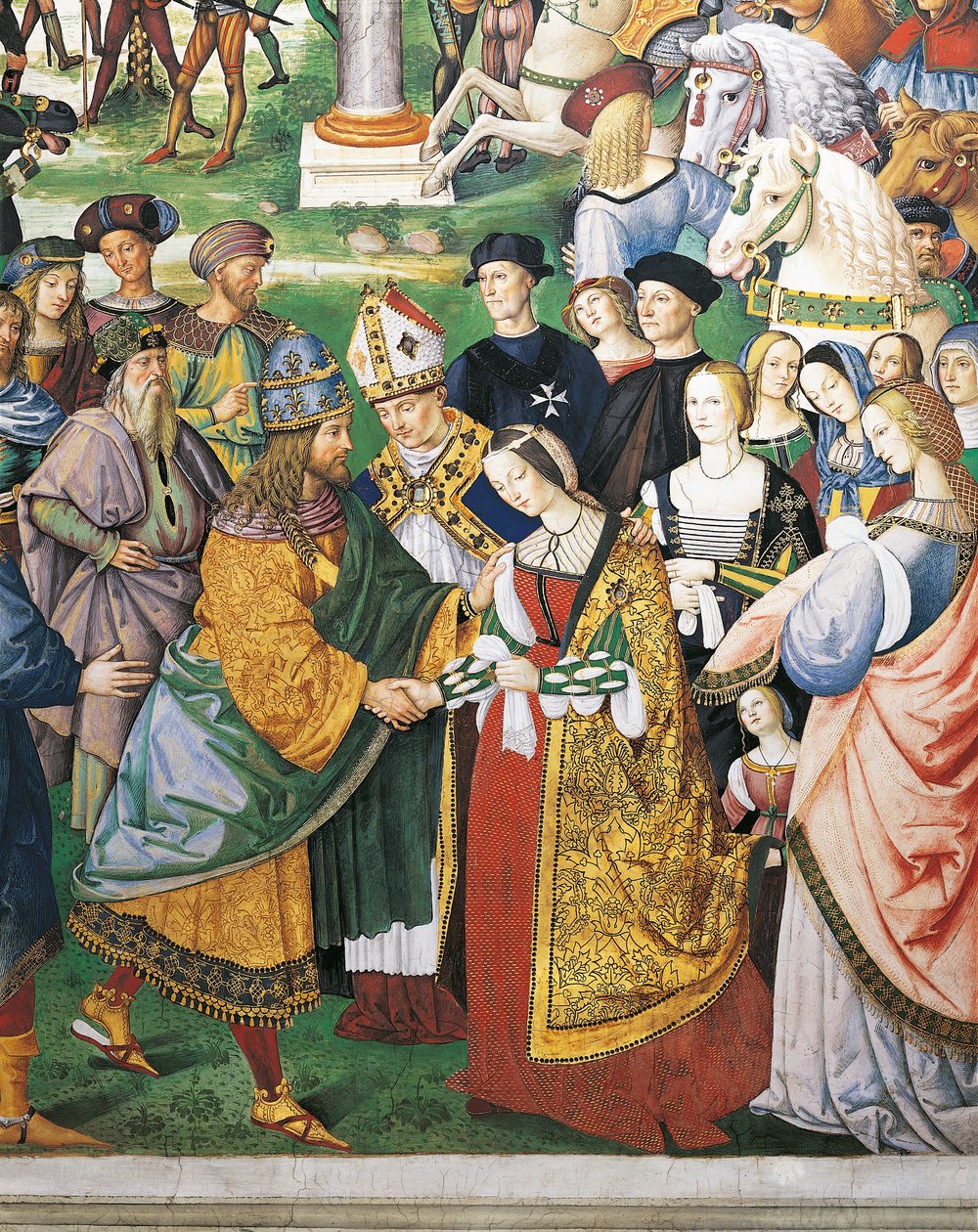 Olaszország, Siena, katedrális, Piccolomini-könyvtár, Enea Silvio Piccolomini, sienai püspök III. Frigyes és Aragóniai Eleonóra koronázásán vesz részt, részlet a II. Pius történeteiből alkotó: Bernardino di Betto Pinturicchio