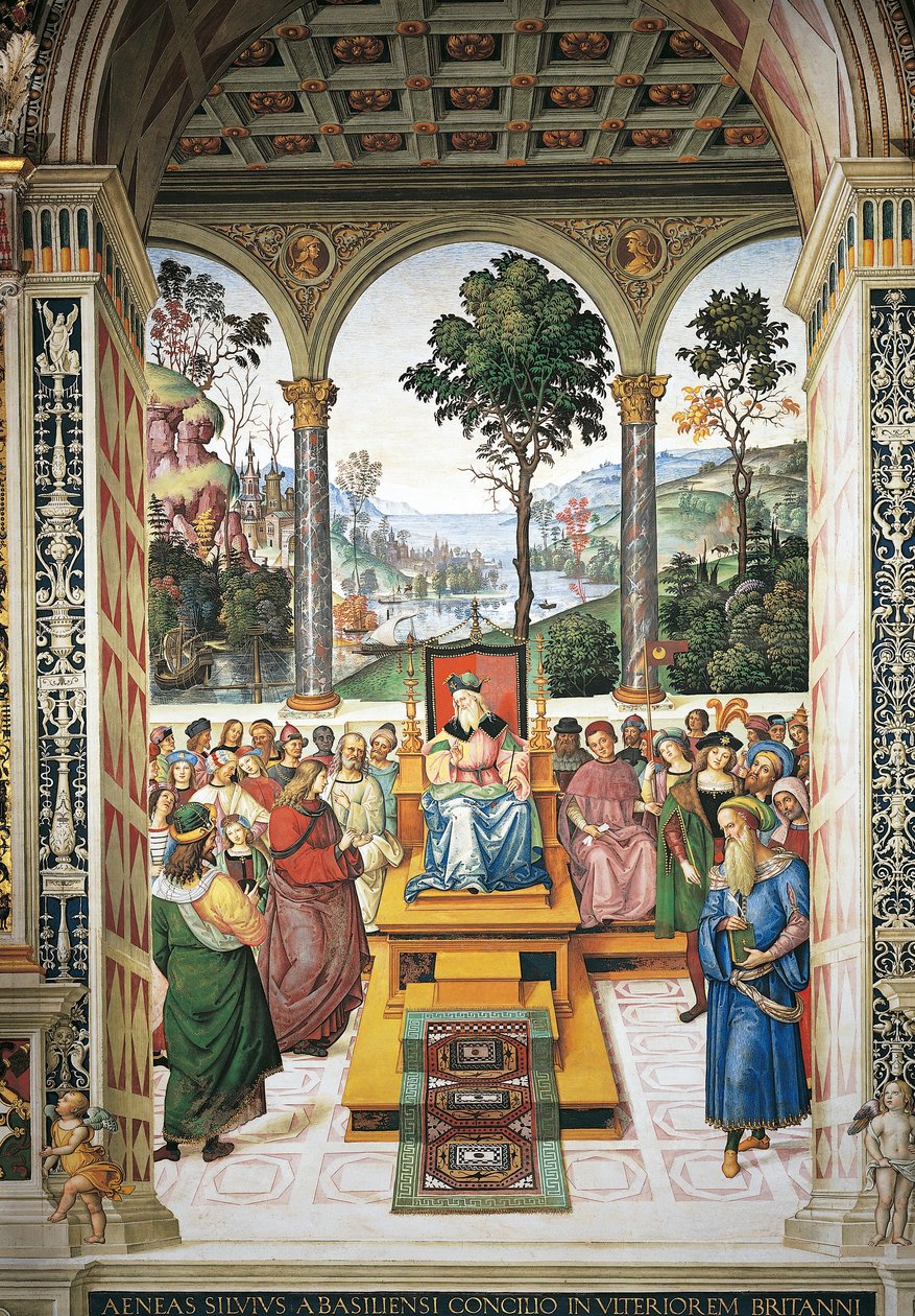 Olaszország, Siena, katedrális, Piccolomini-könyvtár, Enea Silvio Piccolomini beszédet mond I. Jakab skót király előtt, részlet a II. Pius történeteiből alkotó: Bernardino di Betto Pinturicchio