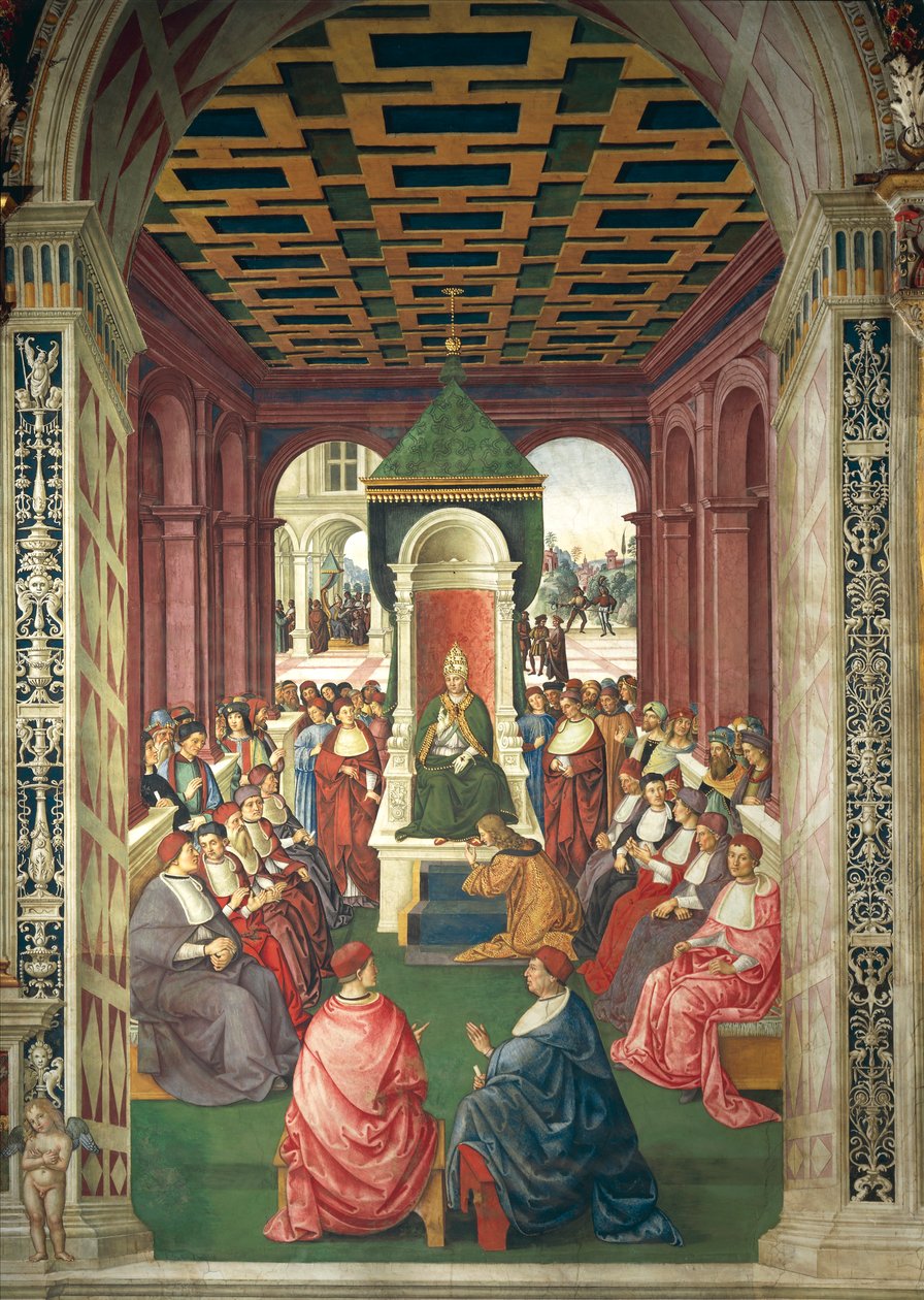Olaszország, Siena, katedrális, Piccolomini-könyvtár, Enea Silvio Piccolomini IV. Eugénius pápának való behódolás aktusa, részlet a II. Pius történeteiből alkotó: Bernardino di Betto Pinturicchio