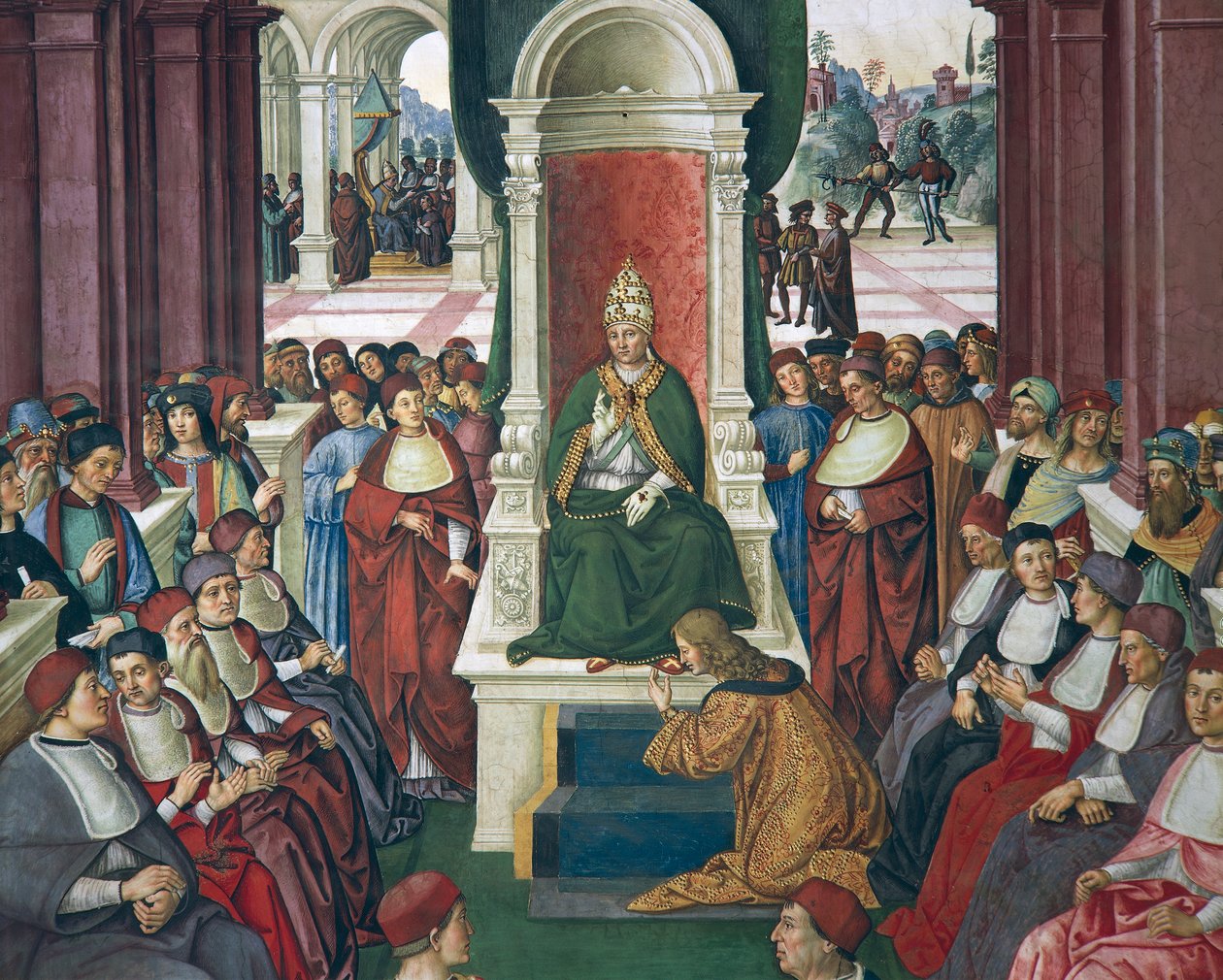 Olaszország, Siena, katedrális, Piccolomini-könyvtár, Enea Silvio Piccolomini IV. Eugénius pápának való behódolás aktusa, részlet a II. Pius történeteiből alkotó: Bernardino di Betto Pinturicchio