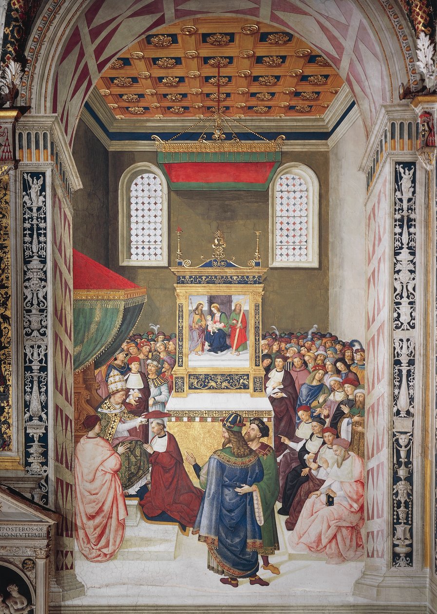 Olaszország, Siena, katedrális, Piccolomini könyvtár, Enea Silvio Piccolomini bíborosi kalapot kap III. Calixtustól, részlet a II. Pius történeteiből alkotó: Bernardino di Betto Pinturicchio