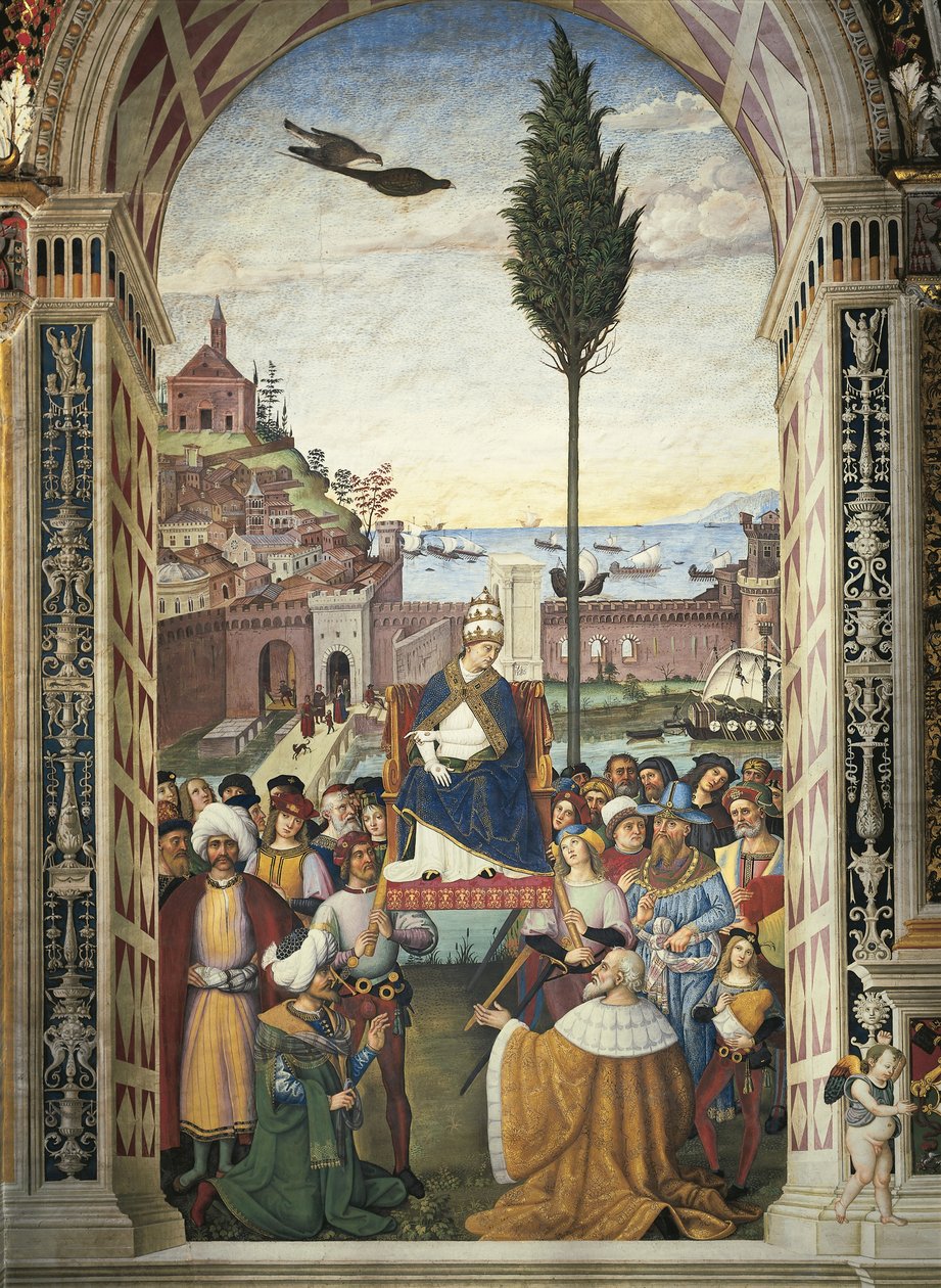 Olaszország, Siena, katedrális, Piccolomini-könyvtár, II. Pius történetei: II. Pius Anconába érkezik, hogy meggyorsítsa a keresztes hadjáratot alkotó: Bernardino di Betto Pinturicchio