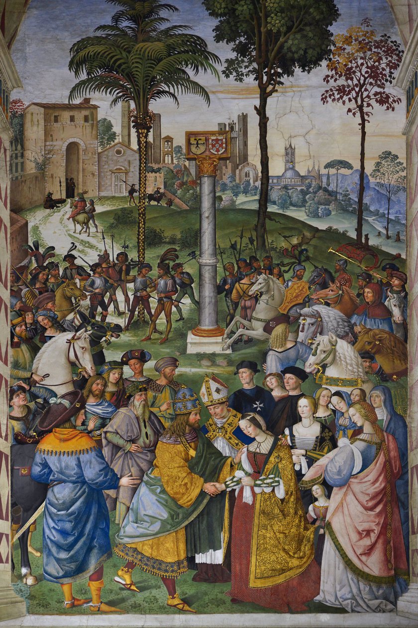 Olaszország Toszkána Siena, Cathedrale Duomo: A Piccolomini-könyvtár – III. Frigyes (V. Habsburg Frigyes) találkozása alkotó: Bernardino di Betto Pinturicchio