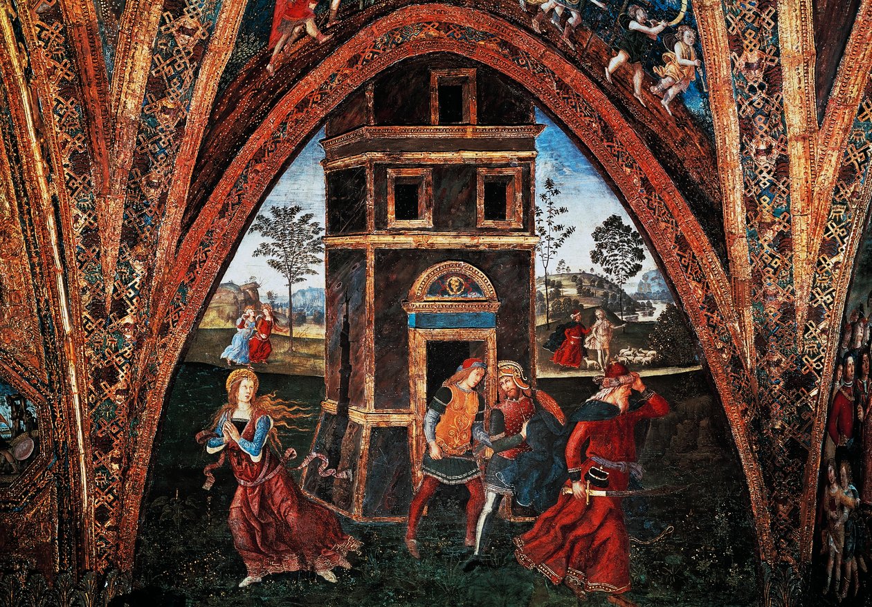 Szent Borbála mártíromsága, Bernardino Pinturicchio (kb. 1452-1513), freskó, Szentek csarnoka, Borgia apartmanok, Apostoli palota, Vatikánváros, Olaszország. alkotó: Bernardino di Betto Pinturicchio
