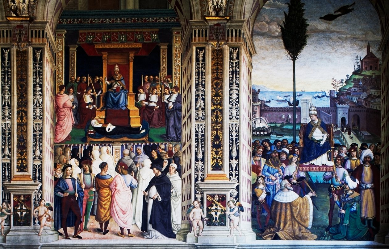 II. Pius Anconába érkezik, hogy keresztes hadjáratot indítson (16. század), Pinturicchio freskója (1452-1513), Piccolomini könyvtár, sienai katedrális, Toszkána, Olaszország alkotó: Bernardino di Betto Pinturicchio