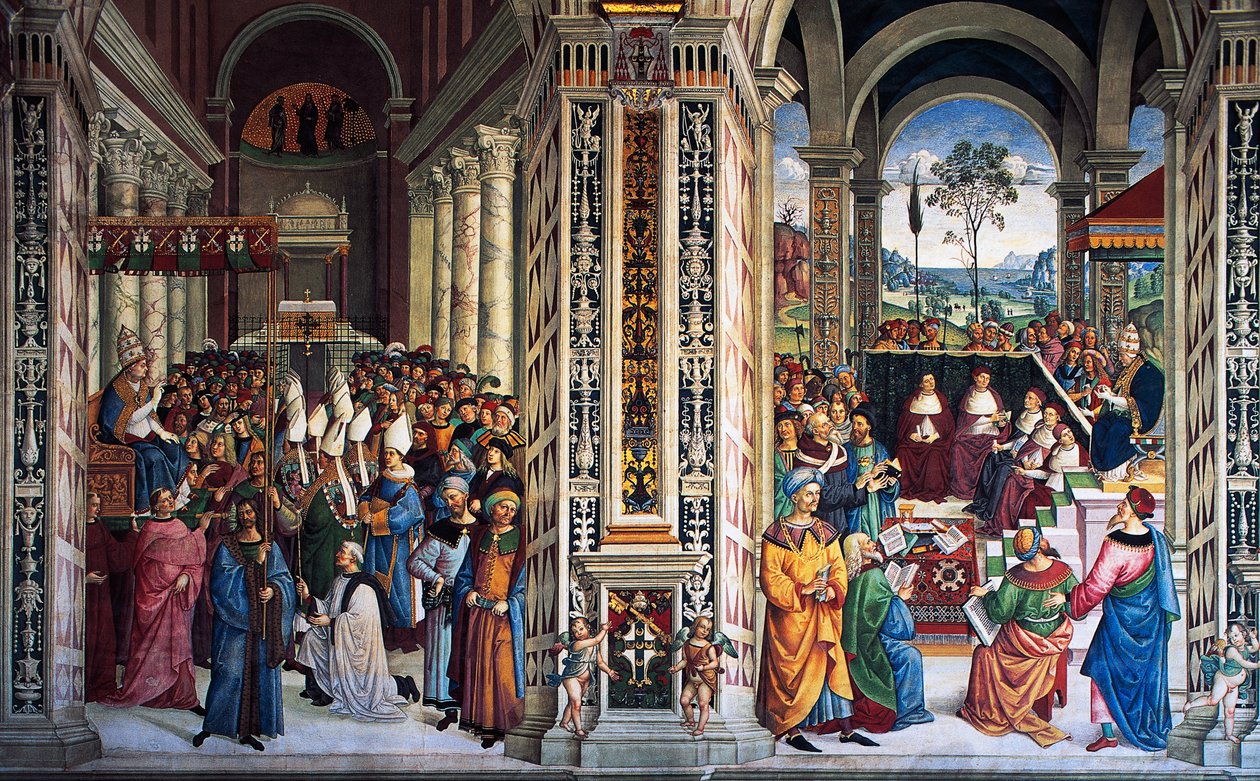 II. Pius Anconába érkezik, hogy keresztes hadjáratot indítson (16. század), Pinturicchio freskója (1452-1513), Piccolomini könyvtár, sienai katedrális, Toszkána, Olaszország alkotó: Bernardino di Betto Pinturicchio