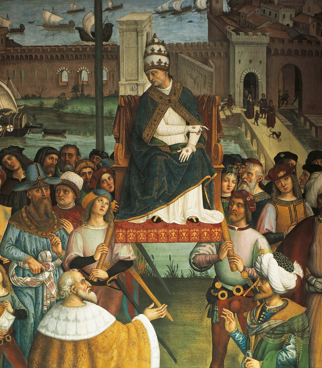 II. Pius, részlet II. Pius pápa Piccolomini-képéből: megérkezik Anconába, hogy megkezdje a keresztes hadjáratot. alkotó: Bernardino di Betto Pinturicchio