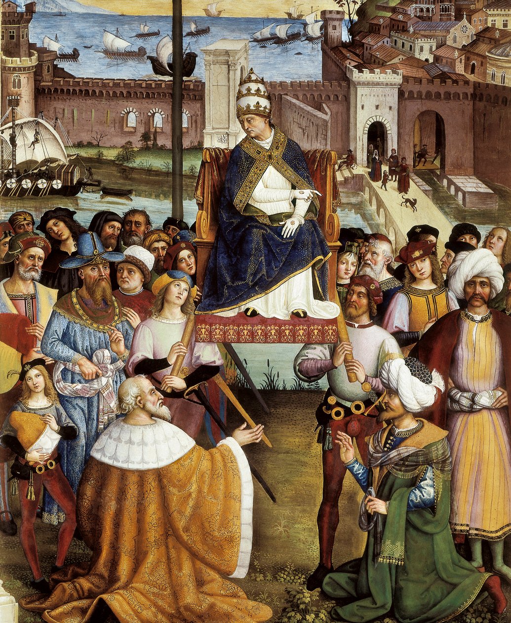 Pio (Pius) pápa megáldja a flottákat, mielőtt 1464. augusztus 15-én elhagyta Anconát a Szentföldre, részlet alkotó: Bernardino di Betto Pinturicchio