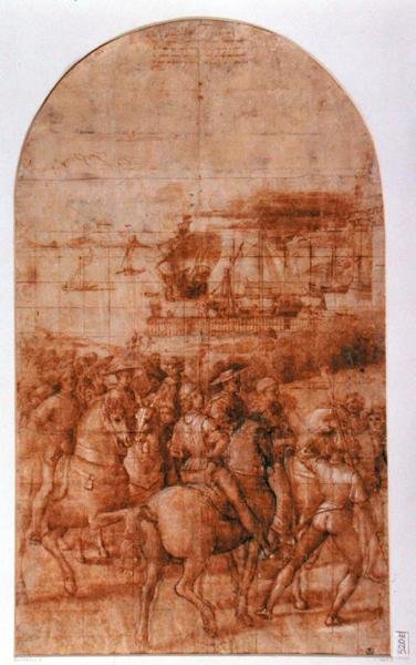 Előkészítő rajzfilm az „Aeneas Sylvius Piccolomini (1405-64) Utazások a bázeli tanácshoz” című filmhez (toll és tinta papíron) alkotó: Bernardino di Betto Pinturicchio