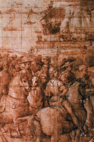 Előkészítő rajzfilm az „Aeneas Sylvius Piccolomini (1405-64) Utazások a bázeli tanácshoz” című filmhez (toll és tinta papíron) (részlet) alkotó: Bernardino di Betto Pinturicchio
