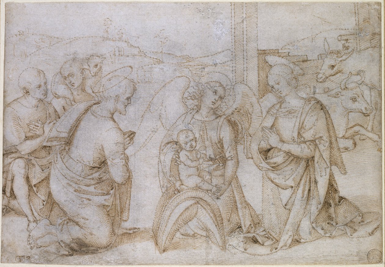The Adoration of the Shepherds, WA1855.90 (toll és barna tinta törtfehér papírra, átvitelhez szúrva) alkotó: Bernardino di Betto Pinturicchio