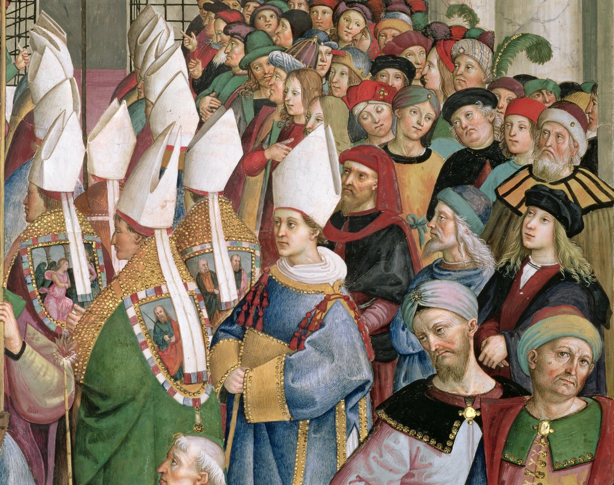 A bíborosok a világi bámészkodók tömegén dolgoznak, részlet „Aeneas Sylvius Piccolomini (1405–1464), II. Pius néven pápává választott, Szent Péter templomába lép” 1458. szeptember 3. alkotó: Bernardino di Betto Pinturicchio