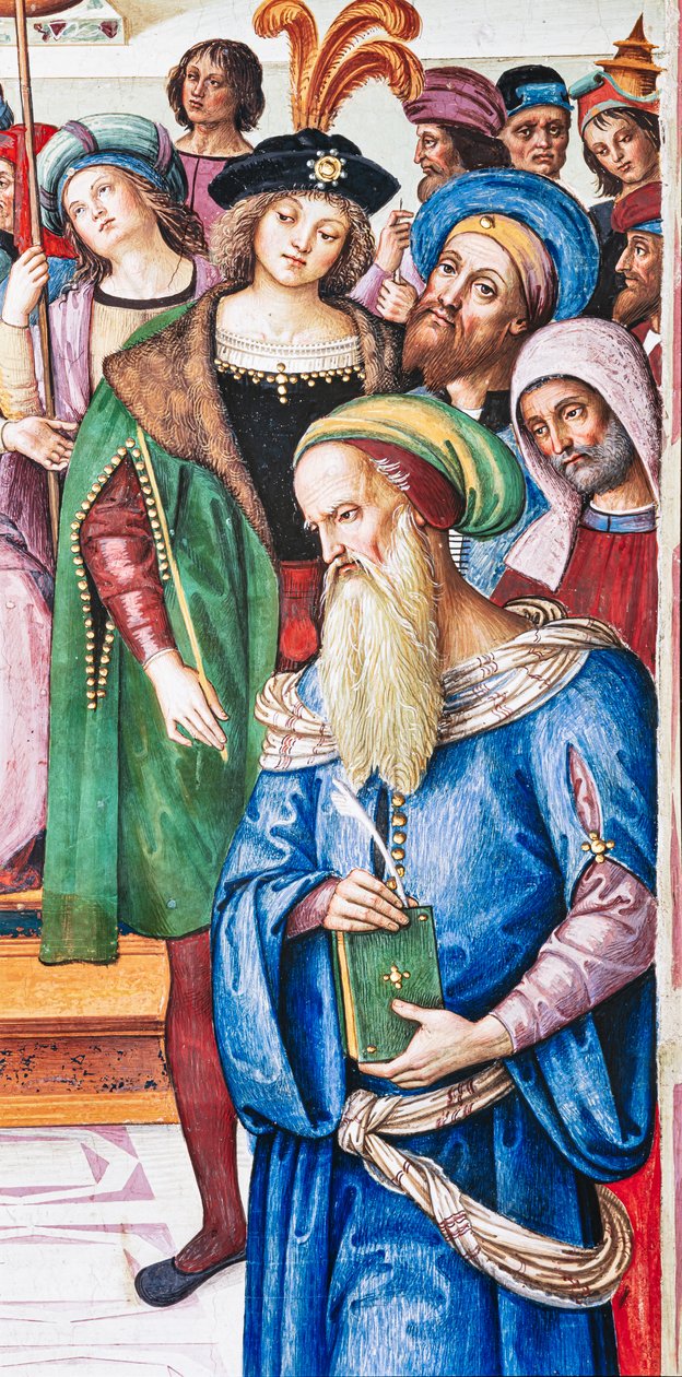 Piccolomini Könyvtár, északkeleti fal: „Aeneas Sylvius beszédet mond I. Jakab skót király előtt, 1435 telén” alkotó: Bernardino di Betto Pinturicchio