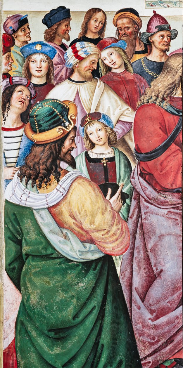 Piccolomini Könyvtár, északkeleti fal: „Aeneas Sylvius beszédet mond I. Jakab skót király előtt, 1435 telén” alkotó: Bernardino di Betto Pinturicchio