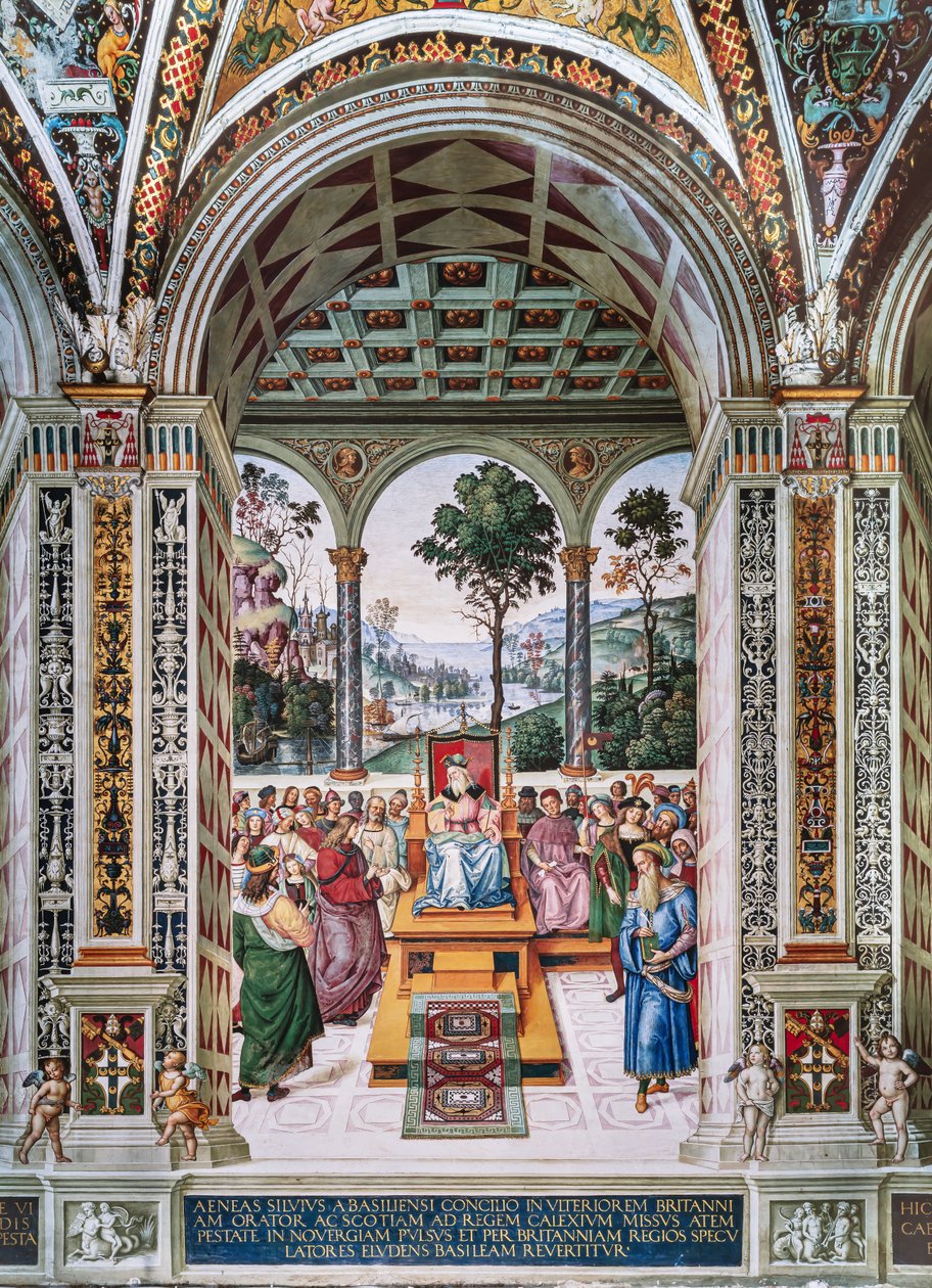 Piccolomini Könyvtár, északkeleti fal: „Aeneas Sylvius beszédet mond I. Jakab skót király előtt, 1435 telén” alkotó: Bernardino di Betto Pinturicchio