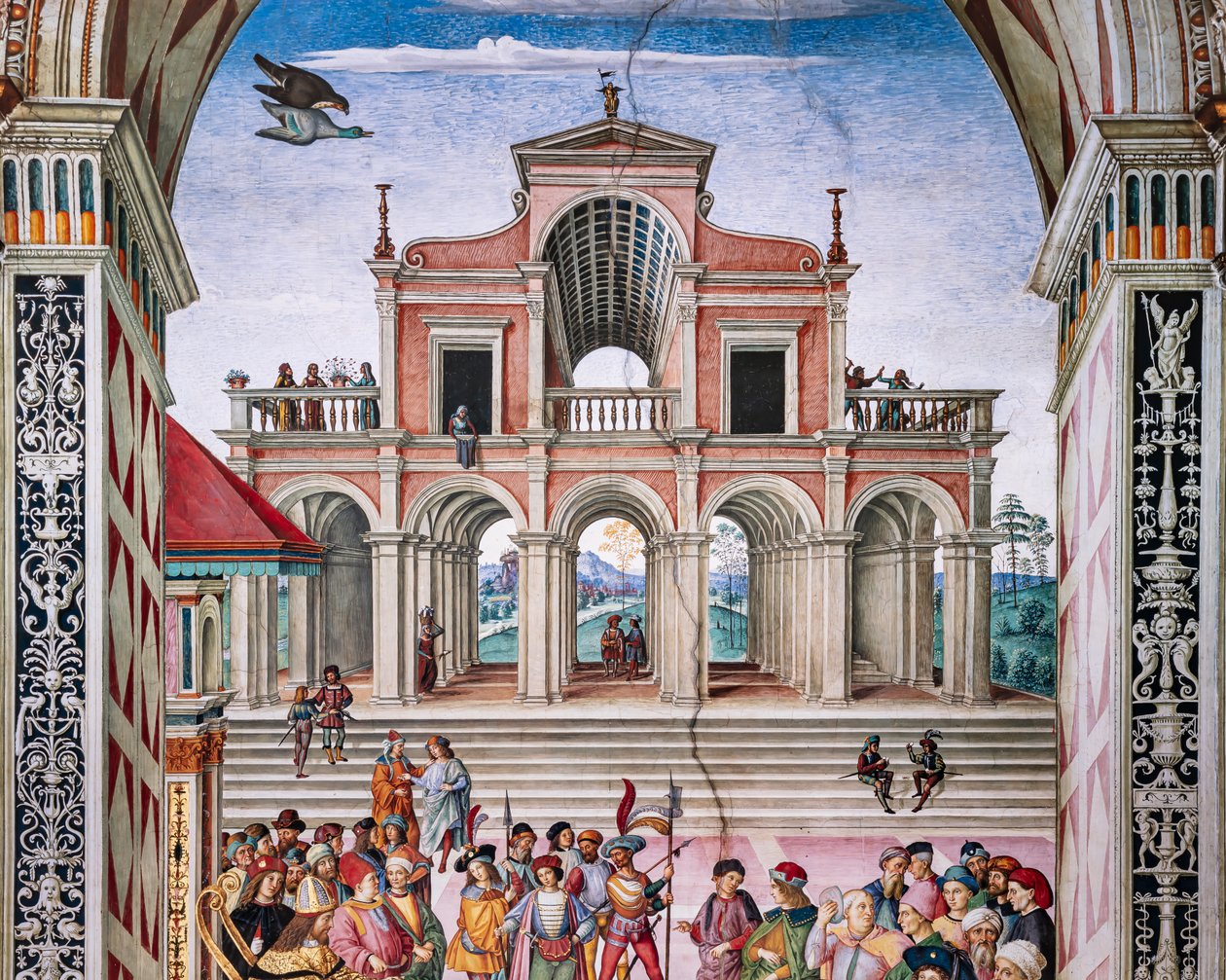A Piccolomini Könyvtár északkeleti falán: „Aeneas Sylviust III. Frigyes császár koronázta költődíjassá, július 27. alkotó: Bernardino di Betto Pinturicchio