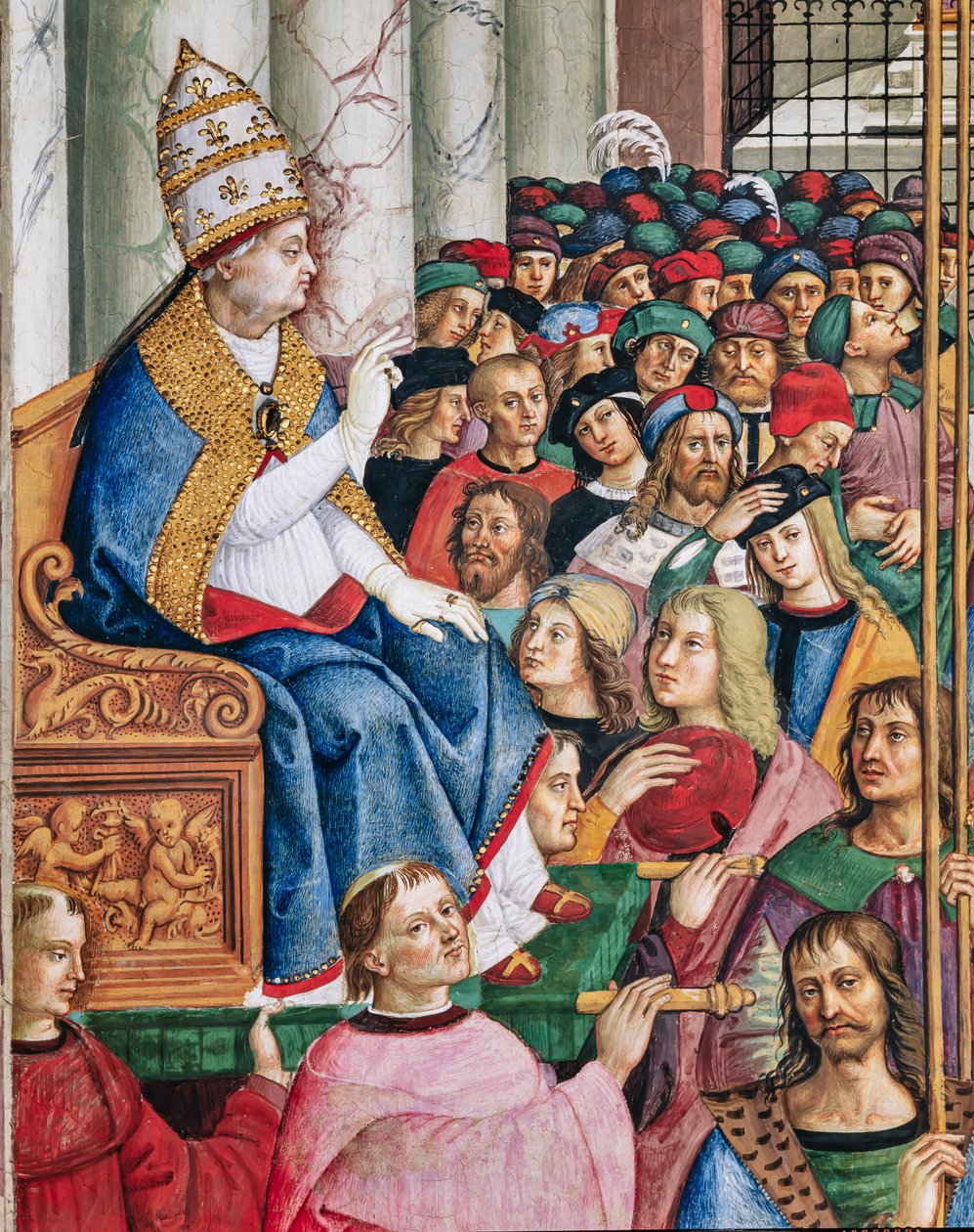 A Piccolomini-könyvtár, délnyugati fal: „Aeneas Sylvius, II. Pius nevével pápává választott, belép a Szent Péter-ba, szeptember 3-án alkotó: Bernardino di Betto Pinturicchio