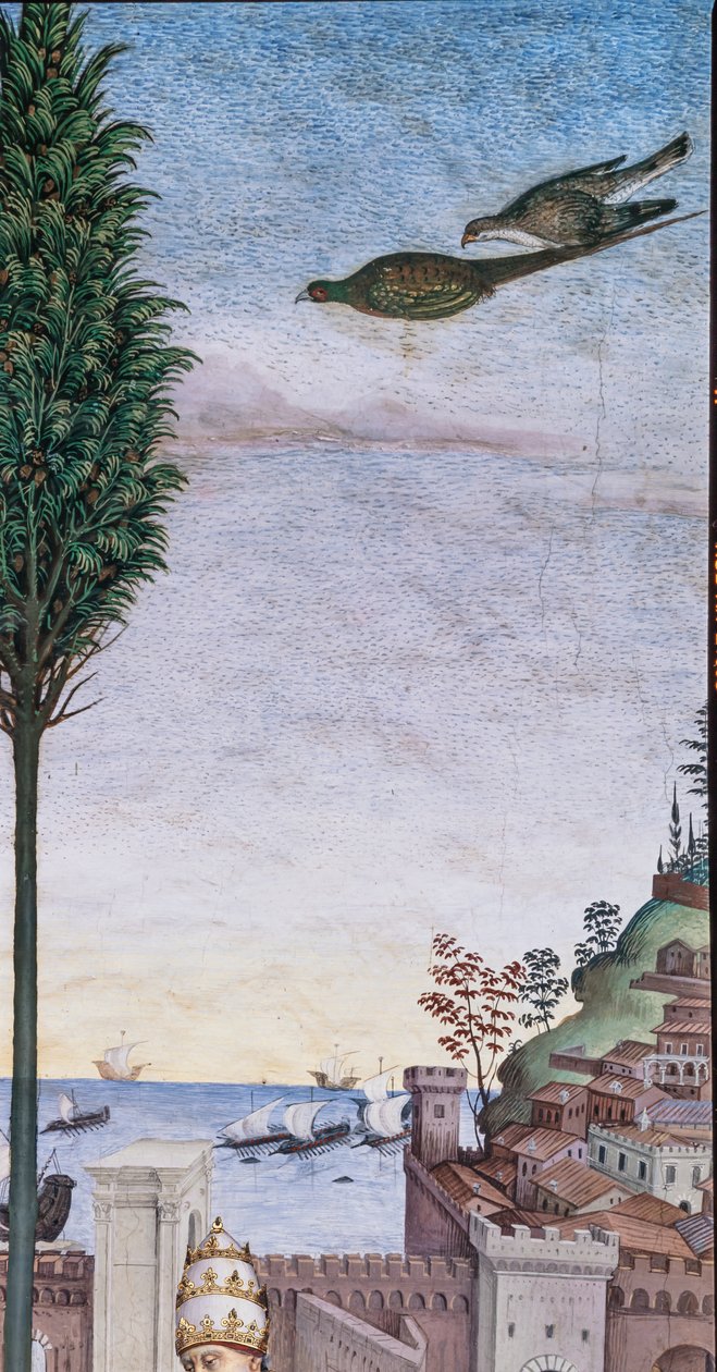 Piccolomini Könyvtár, délnyugati fal: „II. Piusz megáldja az Anconából a Szentföldre induló flottát” alkotó: Bernardino di Betto Pinturicchio