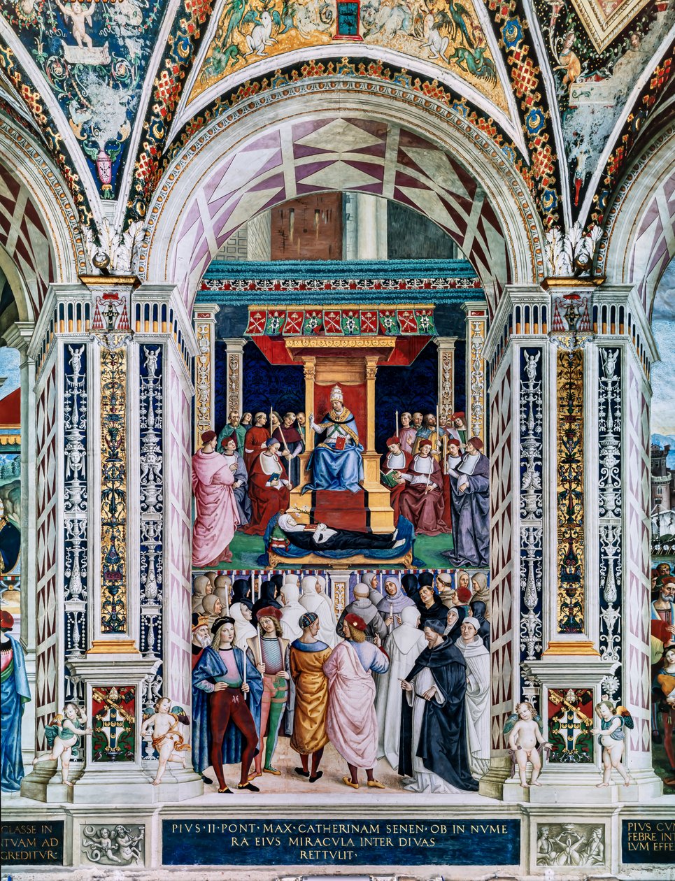 A Piccolomini Könyvtár délnyugati fala: „II. Pius szentté avati Sienai Szent Katalint, június 29. alkotó: Bernardino di Betto Pinturicchio