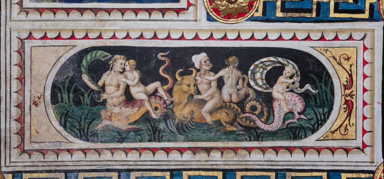 A Piccolomini Könyvtár, a mennyezet: kisebb tábla tengeri tiászuszokkal (tritonok, puttó és nereid), Bernardino di Betto, Pinturicchio néven ismert freskója. alkotó: Bernardino di Betto Pinturicchio