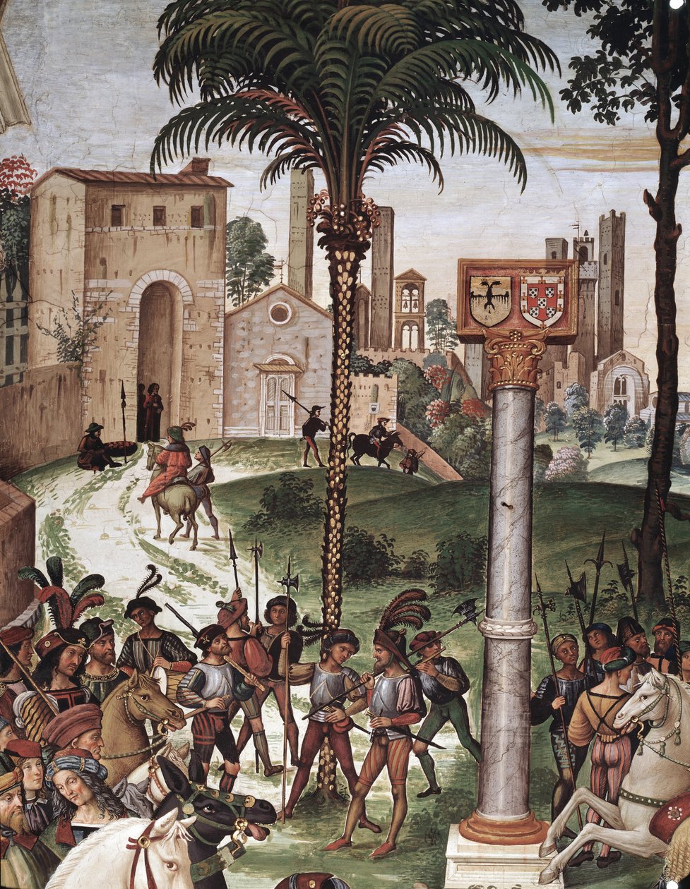 Enee Silvio Piccolomini (II. Piusz) püspök Aragóniai Eleonórát ajándékozza a Szent Birodalom III. Frigyes császárának. Részlet - Friss alkotó: Bernardino di Betto Pinturicchio