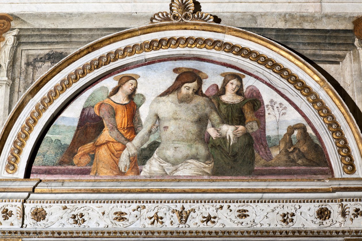 A halott Krisztus két angyal által támogatott - Pinturicchio freskója (Bernardino di Betto) (1454-1513) 1484-1492 Róma, Santa Maria del Popolo-bazilika (Santa Maria del Popolo-templom), Basso della Rovere-kápolna Olaszország alkotó: Bernardino di Betto Pinturicchio