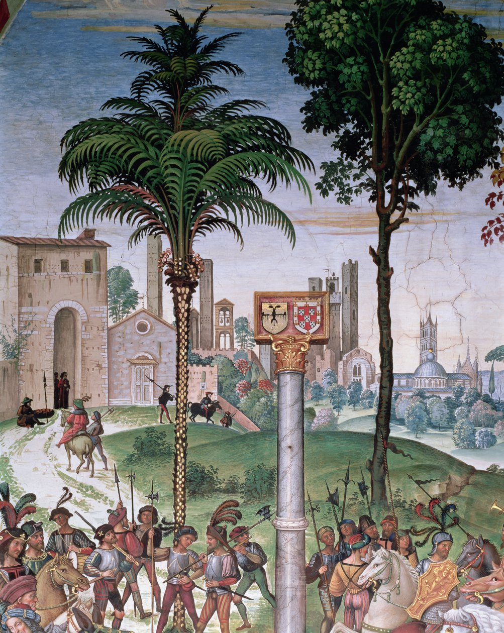 Siena kilátása a székesegyházzal és a Porta Camolliával, részlet: Aeneas Sylvius bemutatja Aragóniai Eleonórát III. Frigyesnek, 1452. február 24. alkotó: Bernardino di Betto Pinturicchio