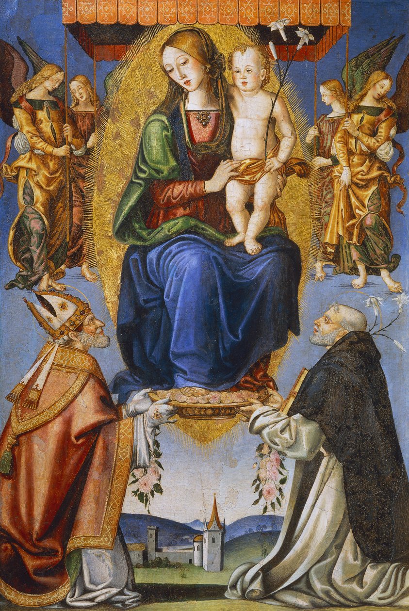 Madonna és gyermek Szent Perselinóval és Domonkossal (tempera vásznon) alkotó: Bernardino di Mariotto