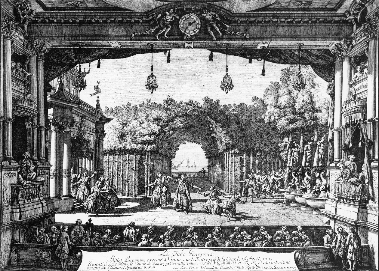 A "Le Turc Genereux" 1758. április 6-i bécsi előadása, amely 1759-ben jelent meg. alkotó: Bernardo Bellotto