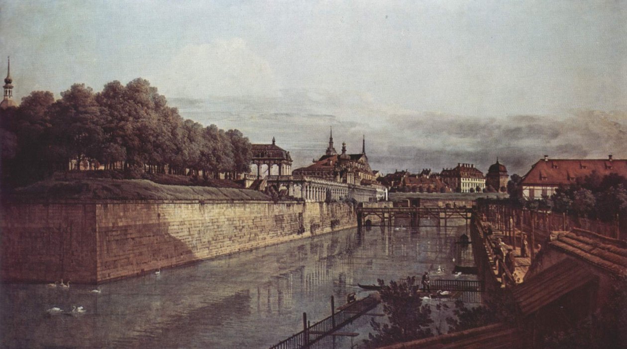 Kilátás Drezdára, a Zwinger régi árokára, a narancsbőrből a város felé alkotó: Bernardo Bellotto