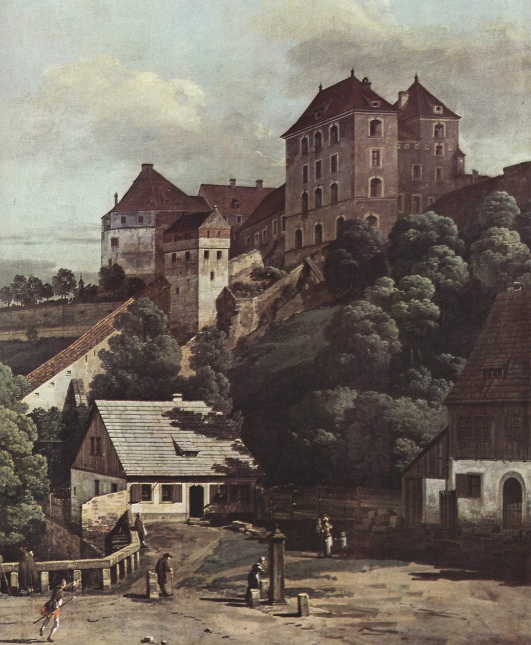 Pirna, Pirna kilátása délről, erődítményekkel és felső kapuval (városkapu), valamint a Sonnenstein -erőddel alkotó: Bernardo Bellotto