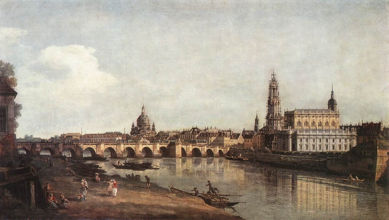 Drezda kilátása az Elba jobb partjáról az Augustus -híddal alkotó: Bernardo Bellotto