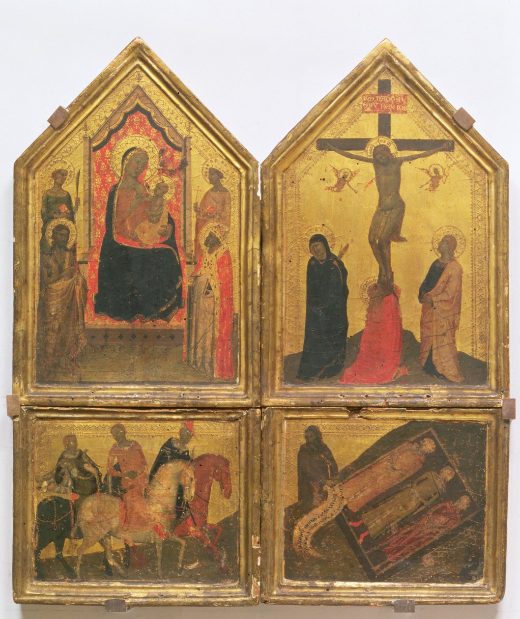 Madonna és gyermeke szentekkel, a keresztre feszítés és a három élő és három halott legendája (tempera a panelen) alkotó: Bernardo Daddi