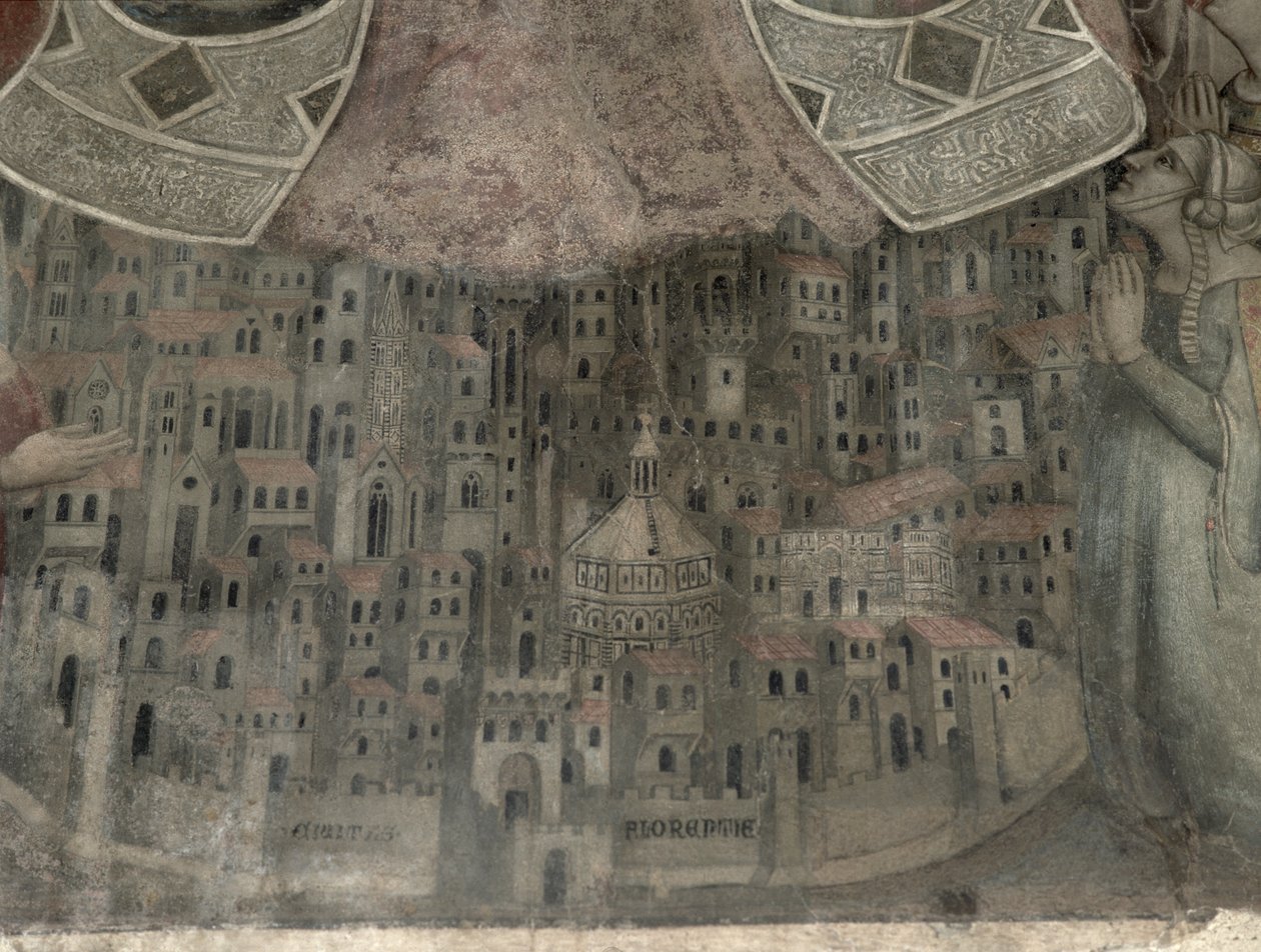 A Madonna della Misericordia Firenzére néző kilátással, 1342 (tempera a panelen) (részlet) alkotó: Bernardo Daddi