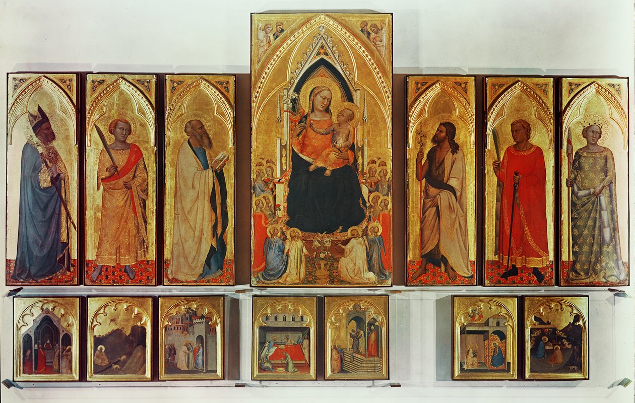 A Szűzanya és a gyermek a szentekkel, bontott poliptichon (a predella paneljei és részei együtt: Joachim kiűzése a templomból, az angyal bejelentése Joachimnak, a találkozás a alkotó: Bernardo Daddi