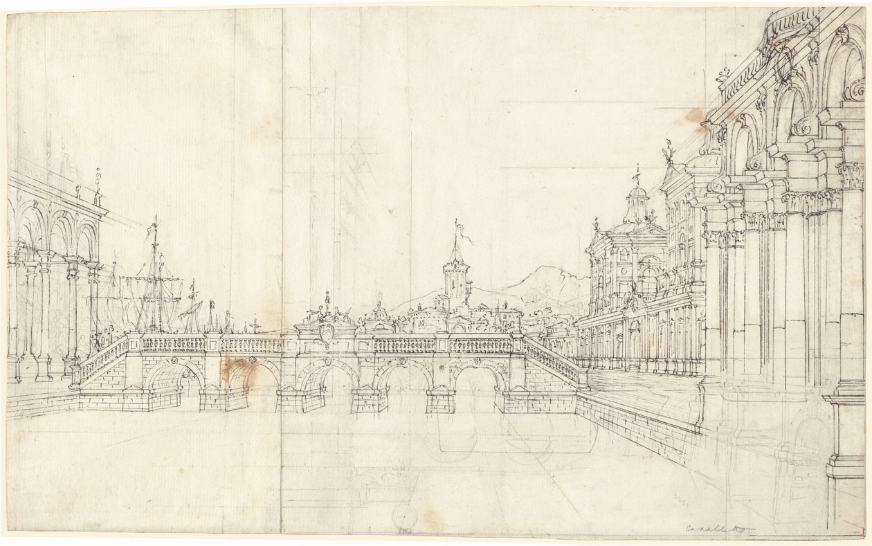 A paloták capriccioja és a loggia a klasszikus hídra néz alkotó: Bernardo Bellotto