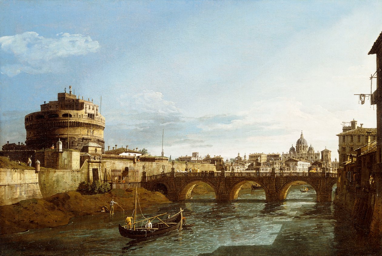Róma kilátása nyugatra, csónakokkal a Tiberis mentén és a Castel Saint"Angeloval a távolban, alkotó: Bernardo Bellotto